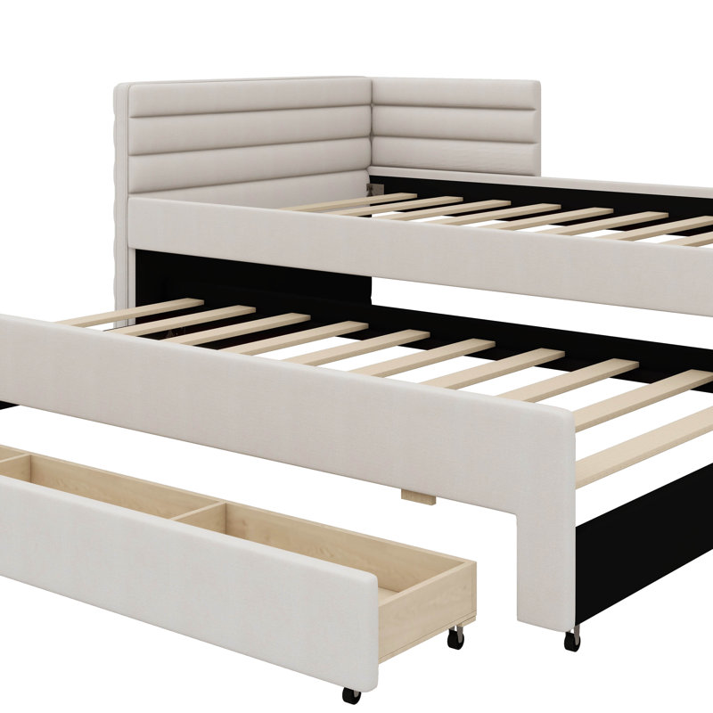 Lit de jour simple rembourré avec lit gigogne et 3 tiroirs de rangement intégrés, Beige