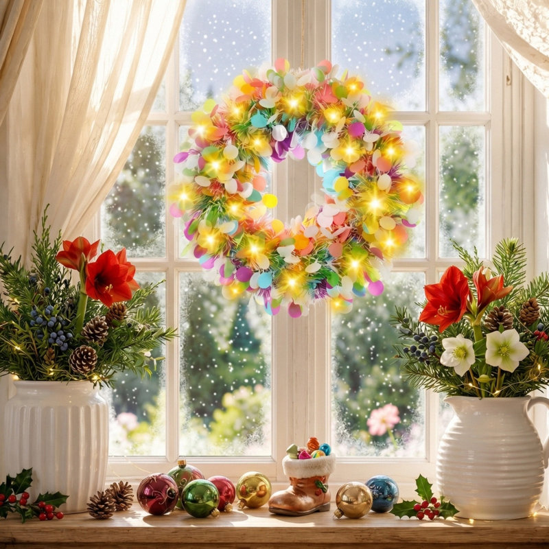 Couronne de paillettes multicolore 15,7 pouces pré-éclairée, base en forme de guirlande arc-en-ciel avec lumières chaudes pour la fête et les fêtes