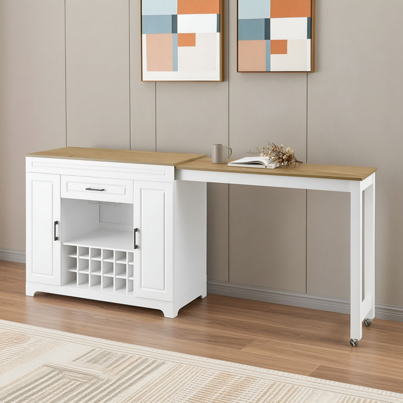 Table de comptoir extensible et meuble-bar avec rangement pour le vin, Blanc / naturel