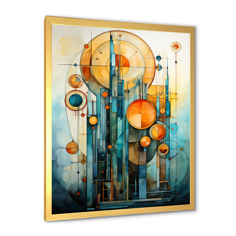 Céleste géométrie bâtiment - Collages abstraits, impressions sur toile_106455, Encadrement doré, H 44 po x l 34 po x P 1,5 po