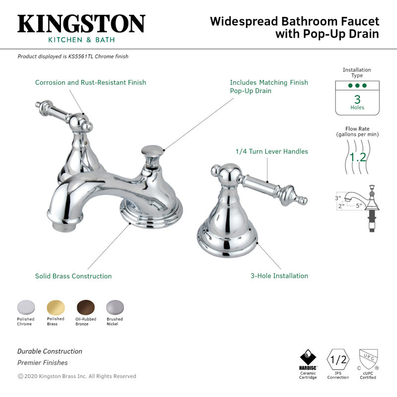 Kingston Brass Two-Handle 3-Hole Deck Mount Widespread Bathroom Faucet with Brass Pop-Up Drain, Polished Chrome
