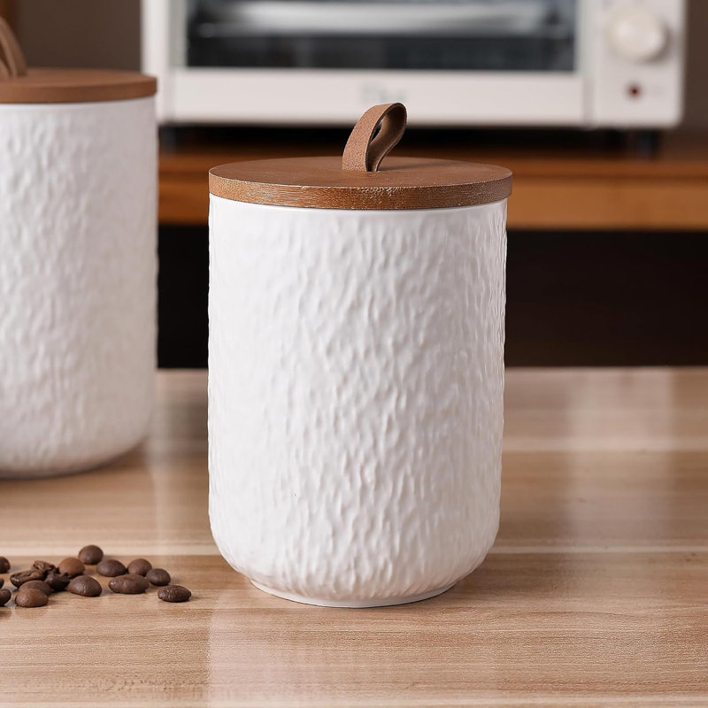 Ensemble de 3 pots en céramique blanc pierre avec couvercle en bois
