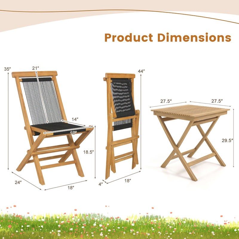 Ensemble bistro 3 pièces de table basse et chaises pliantes en teck