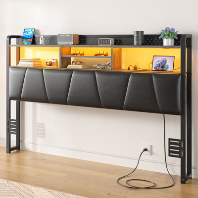 Storage Upholstered PU Headboard With LED Lights & Charging Station by Wrought Studio