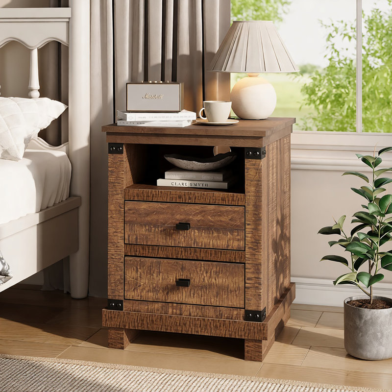 18"W Farmhouse Nightstand with Charging Station & 2 - Drawers, Brown