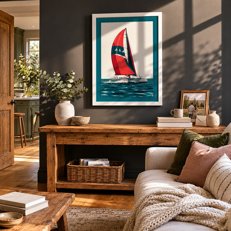 Red Sail Serenity Coastal - Framed Print, A3 - 42.0 x 29.7 cm, White