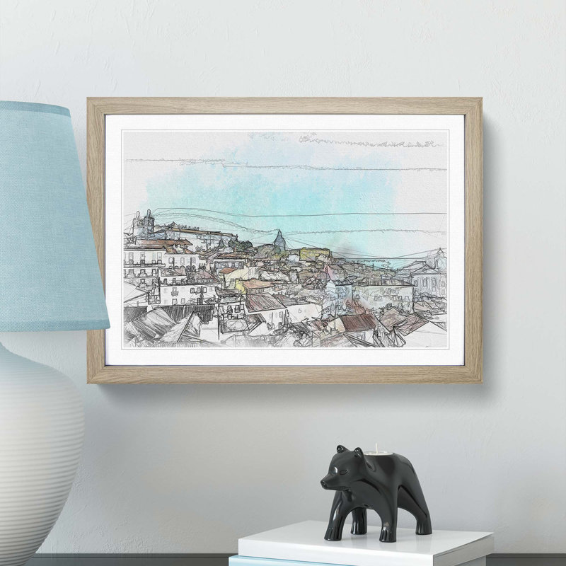 Skyline of Alfalma Lisbon Portugal in Abstract - Picture Frame Graphic Art Print, 48cm H x 65cm W x 2cm D, Oak Framed