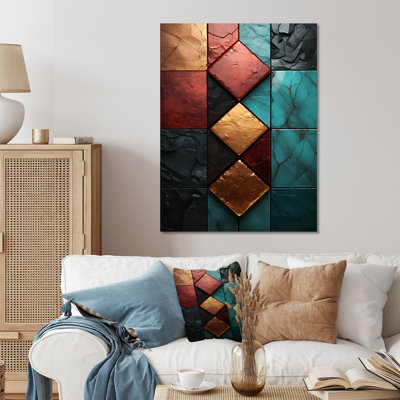 Carreaux de chevron bleu et rouge Elegance III - art mural abstrait en métal