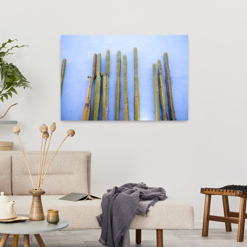 Tall Cacti on Blue | Oaxaca Mexico Travel Colorful Abstract Contemporary Cactus City Landscape Wall Art Print 1 Piece Wrapped Canvas Wall Art