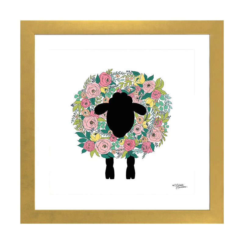 Floral Sheep par Michele Norman - impression d'art graphique, H 16 po x l 16 po x p 1 po, Papier encadré doré, Blanc