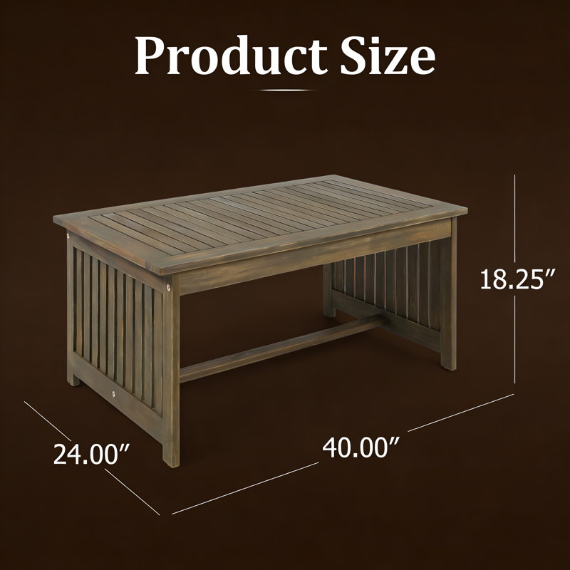 Table basse d'extérieur grise en bois d'acacia gris, table de patio à lattes classique pour terrasse et jardin