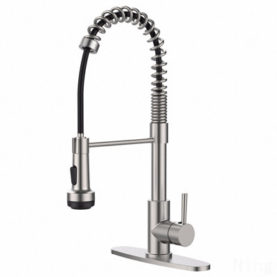 Commercial Single Handle Spring Kitchen Sink Faucet With Pull-Down Sprayer & 4 Spraying Modes, 1/3 Hole