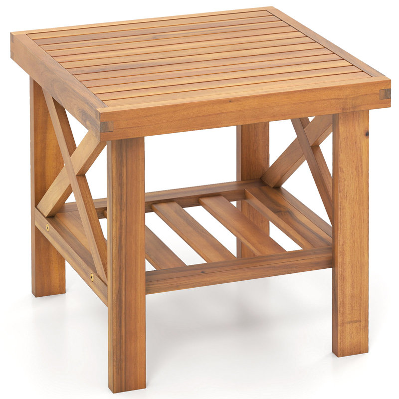  Outdoor Side Table Acacia Wood Adirondack Table w/ Storage Shelf Natural, 1