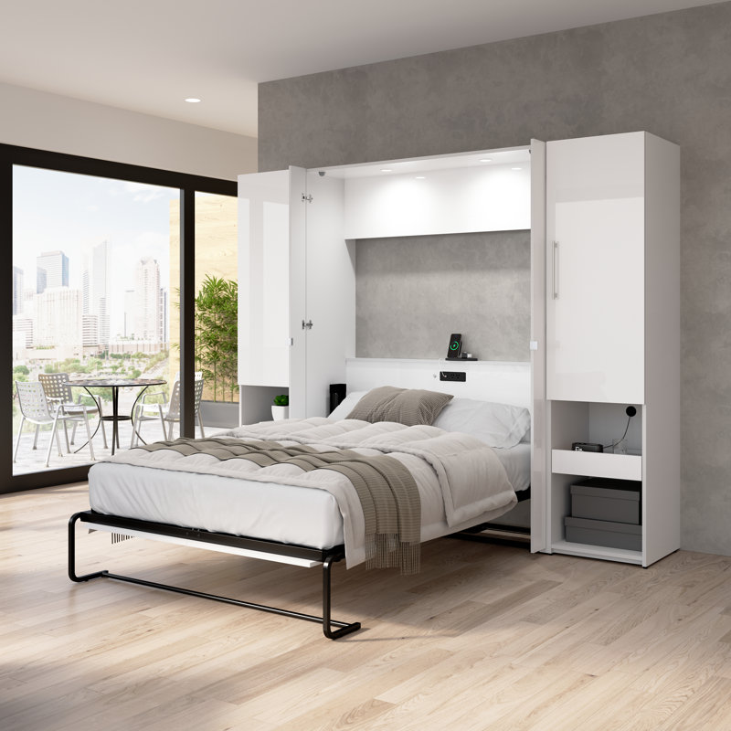 Maile High-Gloss Scratch-Resistant Murphy Bed and Storage Cabinets with Door and Pull-Out Shelf, Full/Double