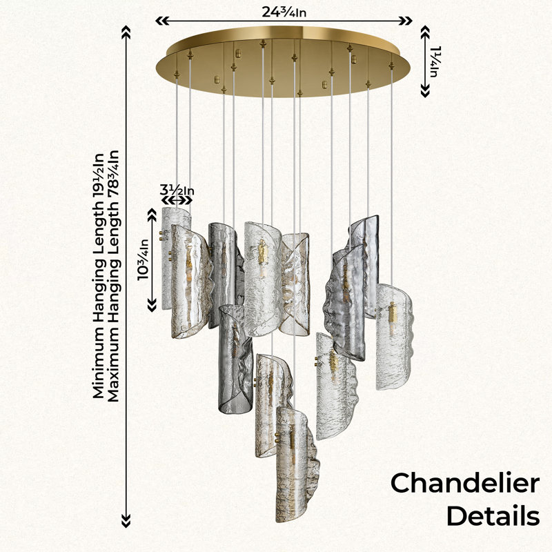 Lustre moderne en verre texturé artistique moderne, 12 lumières, H 78,75 po x l 24,75 po x P 24,75 po