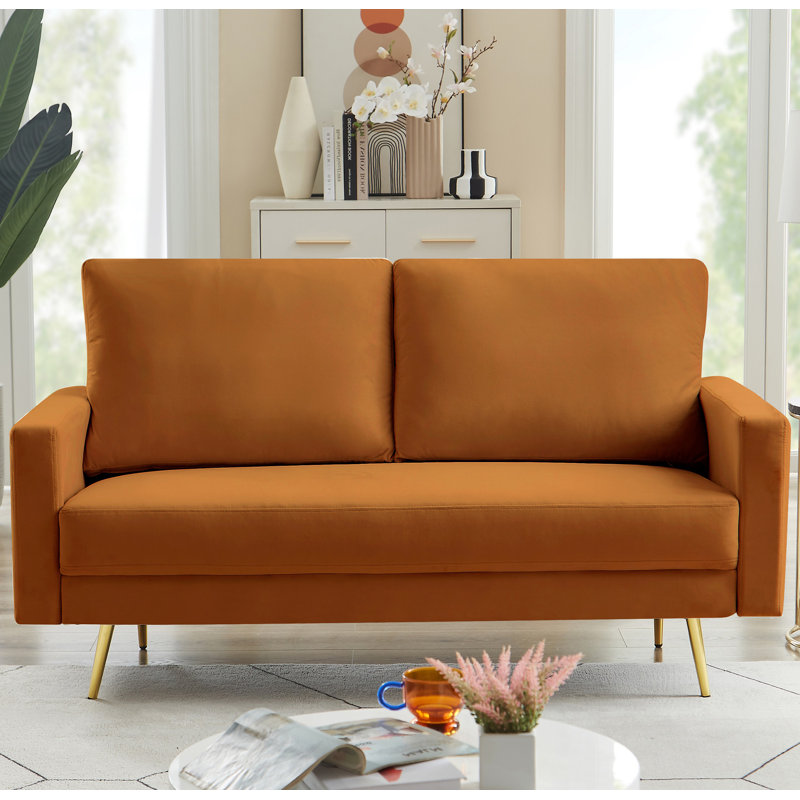 Causeuse à accoudoirs carrés en velours 62,5 po Sennur, Velours orange