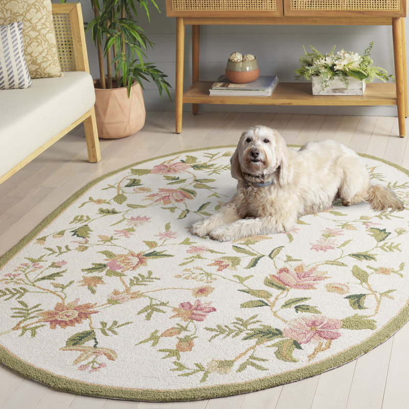 Tapis floral en laine crocheté à la main Kinchen, Ovale 3 pi x 5 pi, Beige