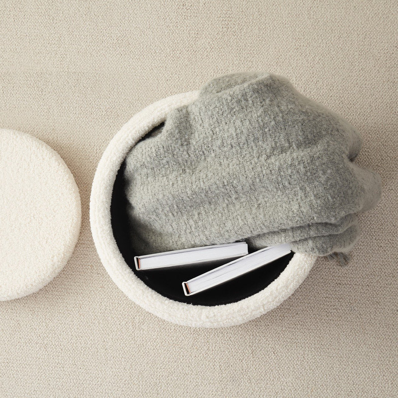 Round Boucle White Storage Ottoman with Reversible Coffee Table Lid