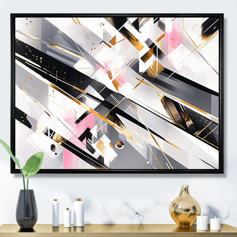 Pink Grey Symmetrical Abstract On Canvas Print, Black Floater Framed, 12" H x 20" W x 1" D