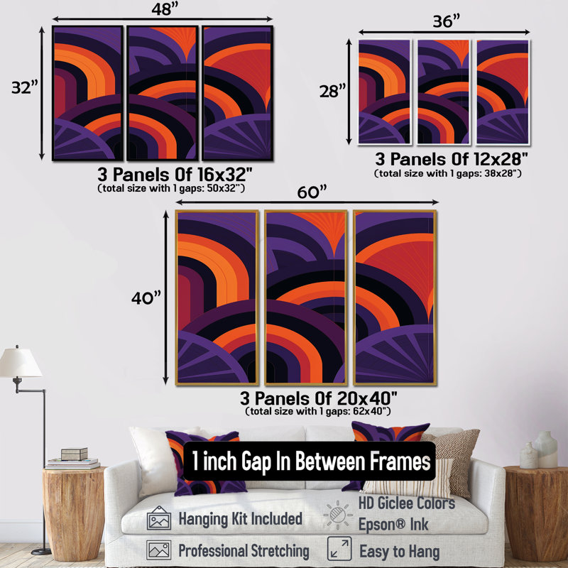 Abstrait vagues rétro mauve orange - ensemble d'art mural abstrait, H 40 po x l 60 po x P 1 po, Cadre flottant brun