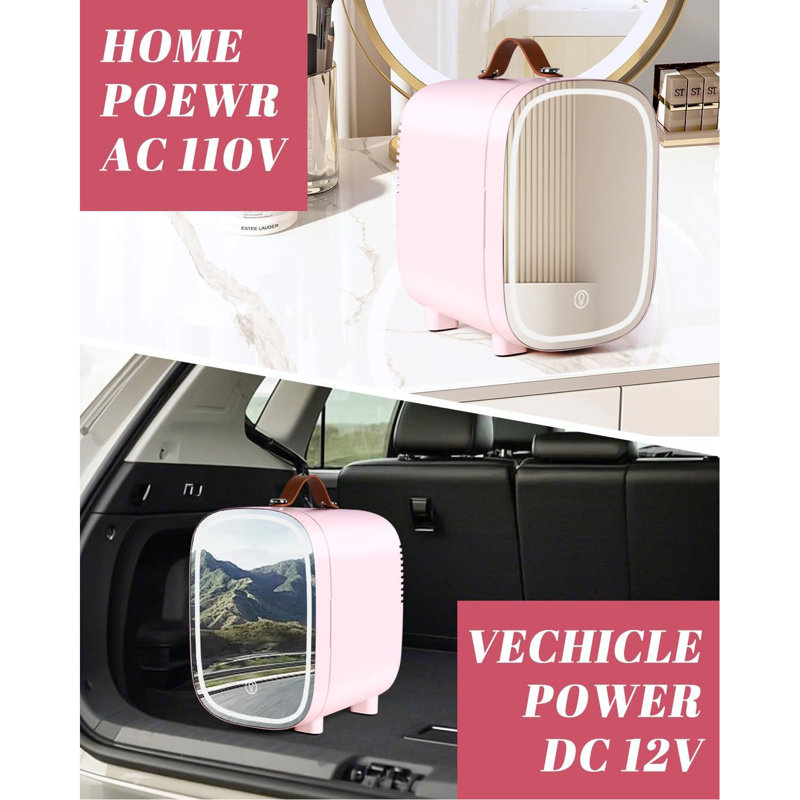 Mini réfrigérateur 4L / 6 canettes pour chambre à coucher - Glacière et réchaud portable avec miroir DEL, alimentation 12 V CA / CC, idéal pour les boissons, le maquillage, le dortoir, le bureau et la voiture, miroir