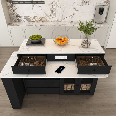 Kitchen Island With Extendable And Rotating Table, Wooden Kitchen Island With 4 Drawers