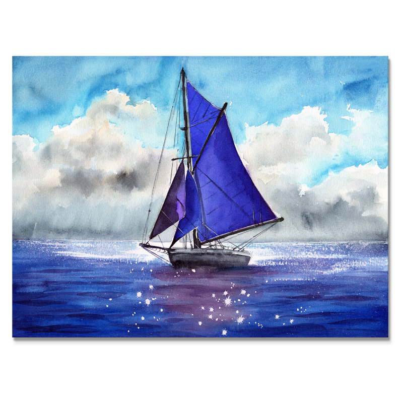 Voilier avec voiles bleues - peinture sur toile, H 24 po x l 32 po, Toile tendue