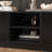 Modern Black TV Stand With Wave Pattern Doors, Open Shelves, And Soft-Close Hinges