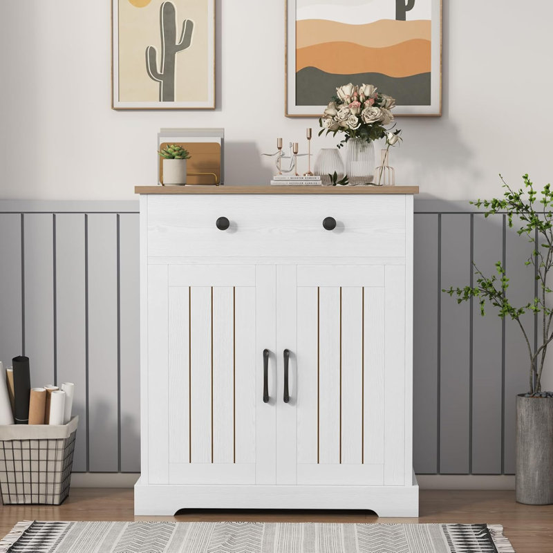 Petite armoire de rangement, buffet compact en bois avec 2 tiroirs et 2 portes, mobilier d'appoint minimaliste moderne pour le salon, la cuisine, la salle à manger, blanc