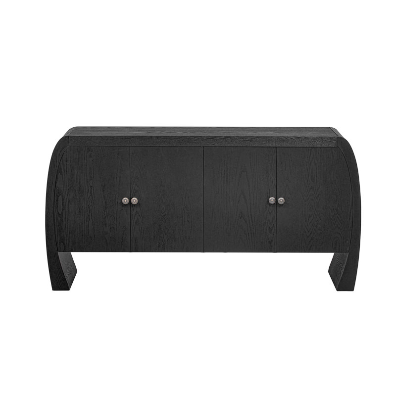 Four-Door Ash Veneer Storage Cabinet with Curved Legs – Hallway, Entryway & Living Room Furniture,Black, Black