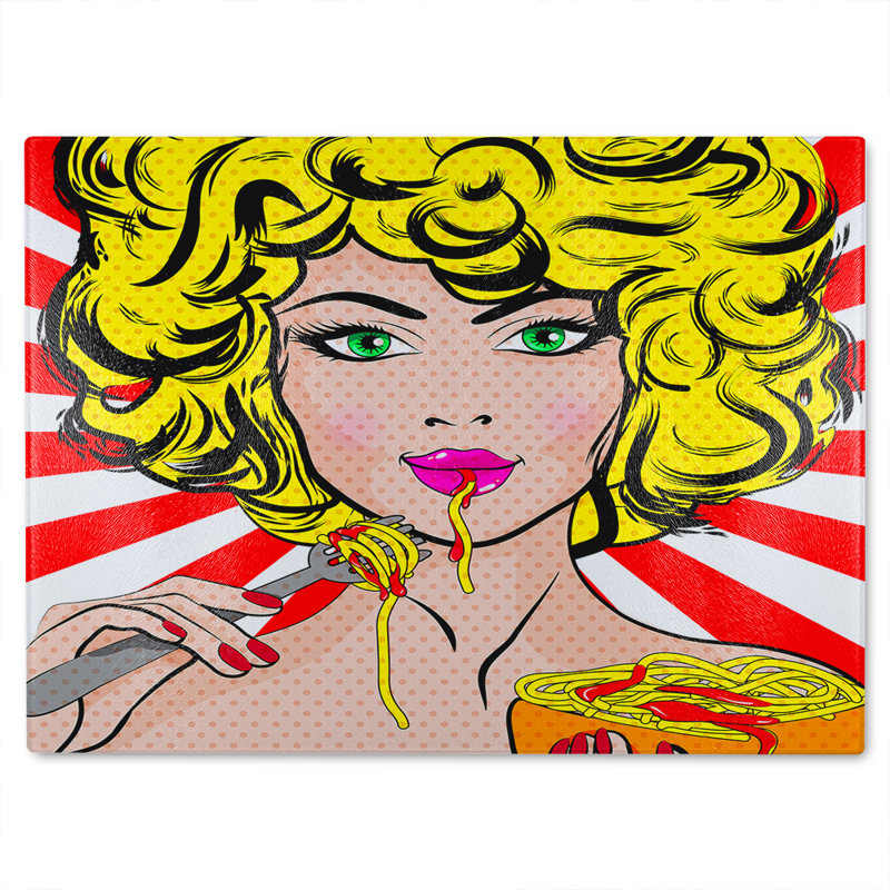 Pop Art Young woman Eating Spaghetti Designer Glass Chopping Board, 28cm L x 20cm W