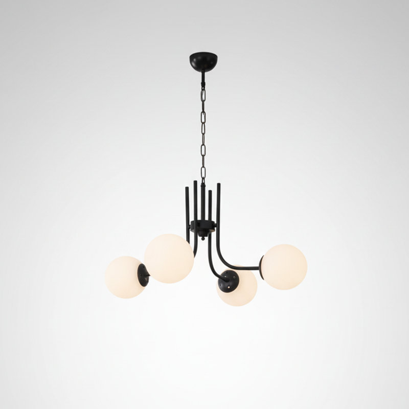 Lustre globe moderne en verre 4 lumières avec cadre en métal, Noir, Blanc