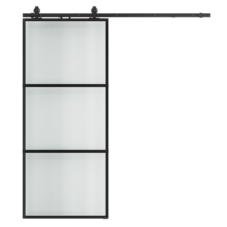 Metal and Glass Sliding Barn Door with Installation Hardware Kit ( Soft-close Included)