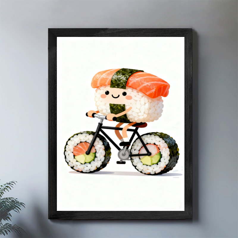 Black Framed Vintage Lovely Rice and vegetable roll riding a Rice and vegetable roll bike Wall Art Retro Style Framed Prints