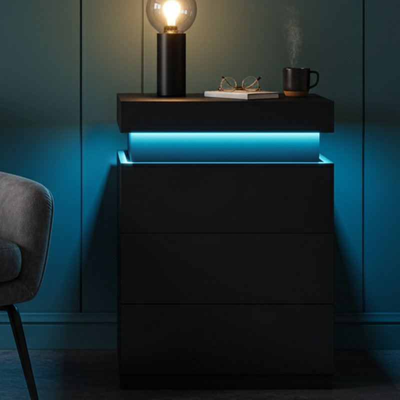 26.8'' H Black Nightstand With Charging Station - LED Lights, Sliding Top Drawer, Black