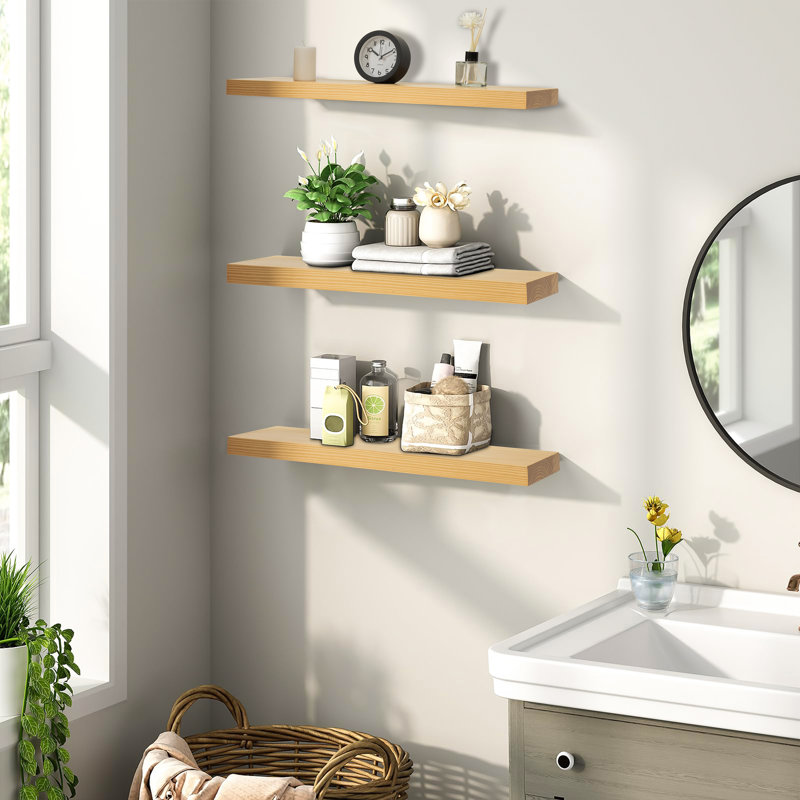 Solid Wood Floating Shelf (Set of 3), Natural Wood