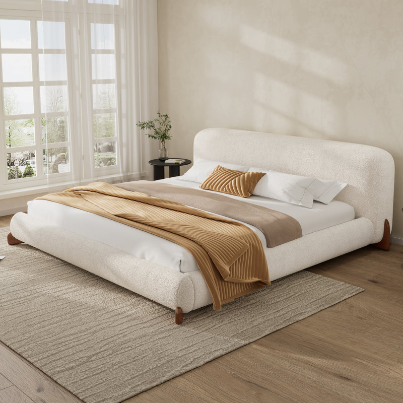Lit plateforme capitonné California King avec tête de lit épaisse en bouclette, pieds en bois massif, blanc