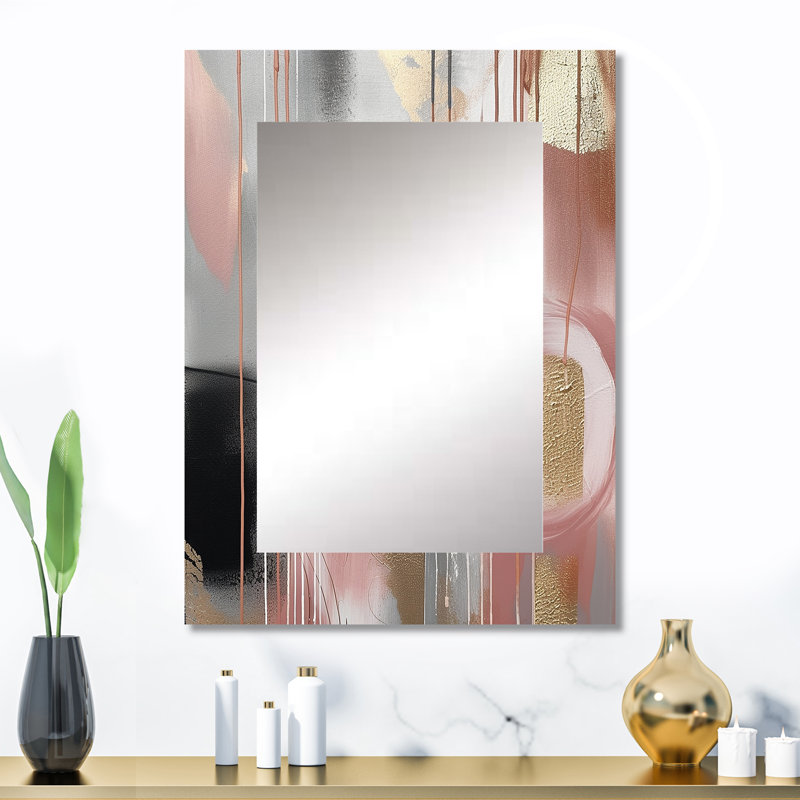 Pink Gold Circle Complexity - Transitional Shapes Large Mirror, Pink Decorative Wall Mirror, Printed Metal Art, 32" x 24"