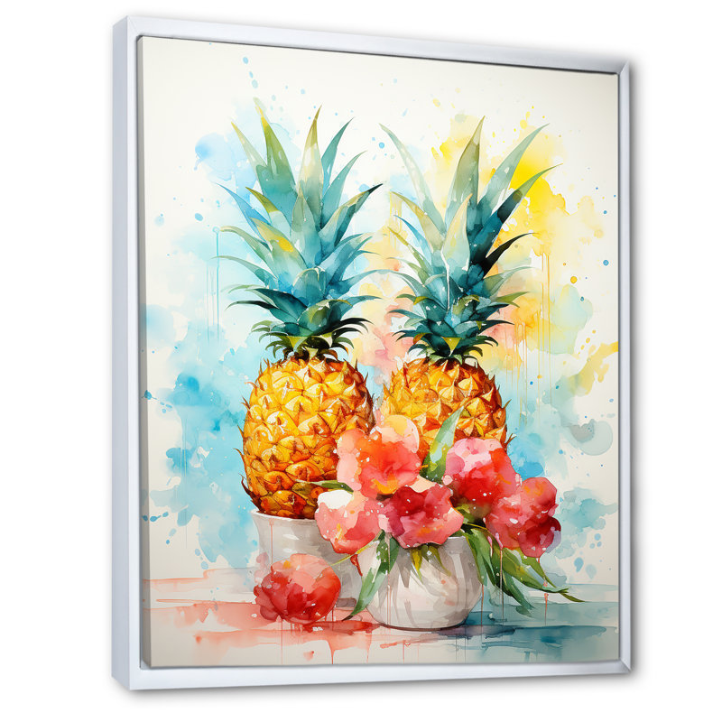 Aquarel ananas, peinture - Art mural ananas, Cadre flottant blanc, H 40 po x l 30 po x P 1,5 po
