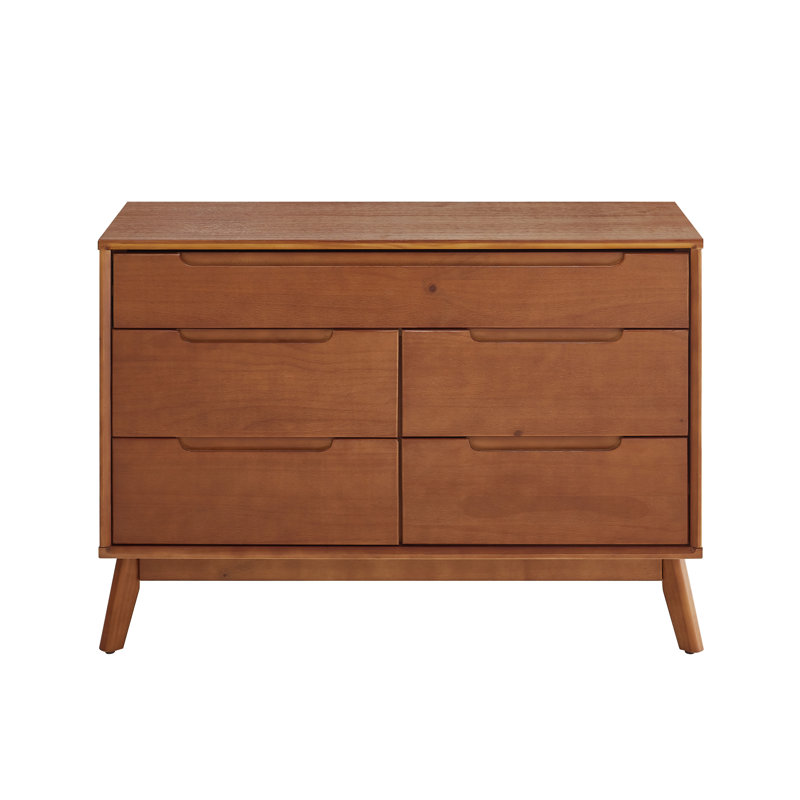 Mid-Century Brown Solid Wood 5-Drawer Dresser