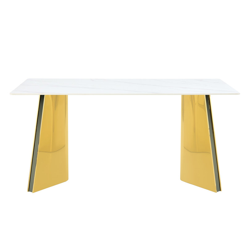 Marble-Patterned Slab Dining Table, 30"H x 63"L x 31.5"W, Gold, White/Gray