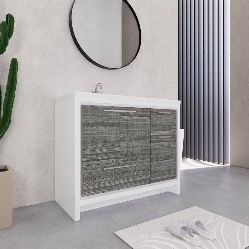 Ensemble de meuble-lavabo simple 42 po Mihrtad Eden, Blanc lustré/ bois de frêne gris