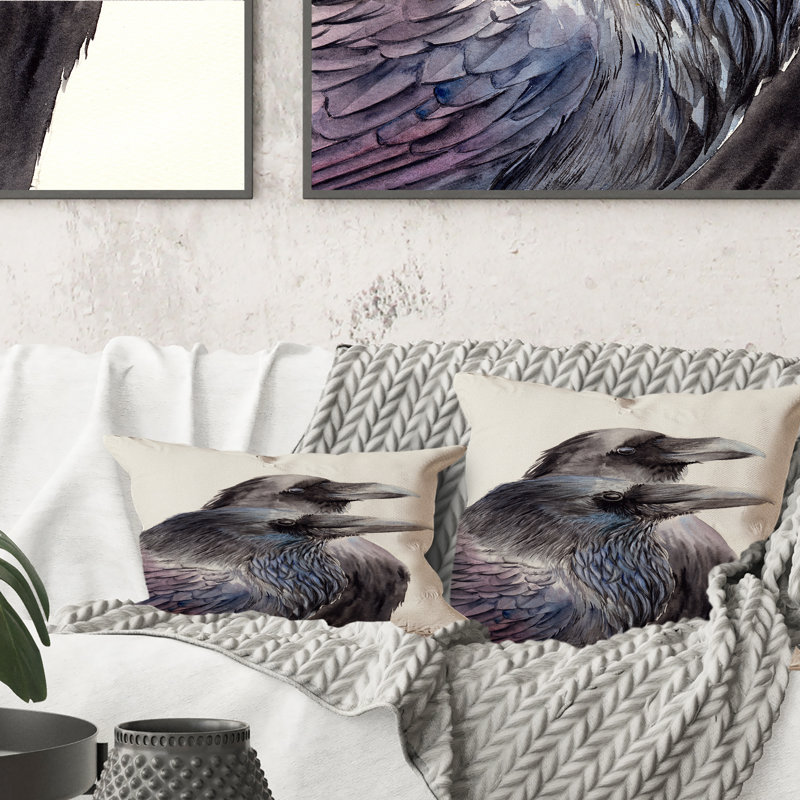 Two Black Ravens With Black And Blue Feathers -1 Traditional Printed Throw Pillow