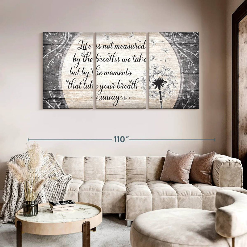 Mesure de la vie, citation de plusieurs impressions sur toile, H 92 po x l 45 po x P 1,25 po
