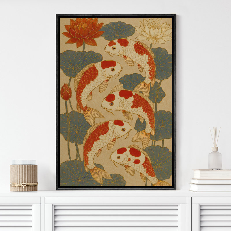«Koi Fish and Lotus Flower Art», reproduction d'art sur toile encadrée, H 24 po x l 16 po x P 1,5 po, Structure noire