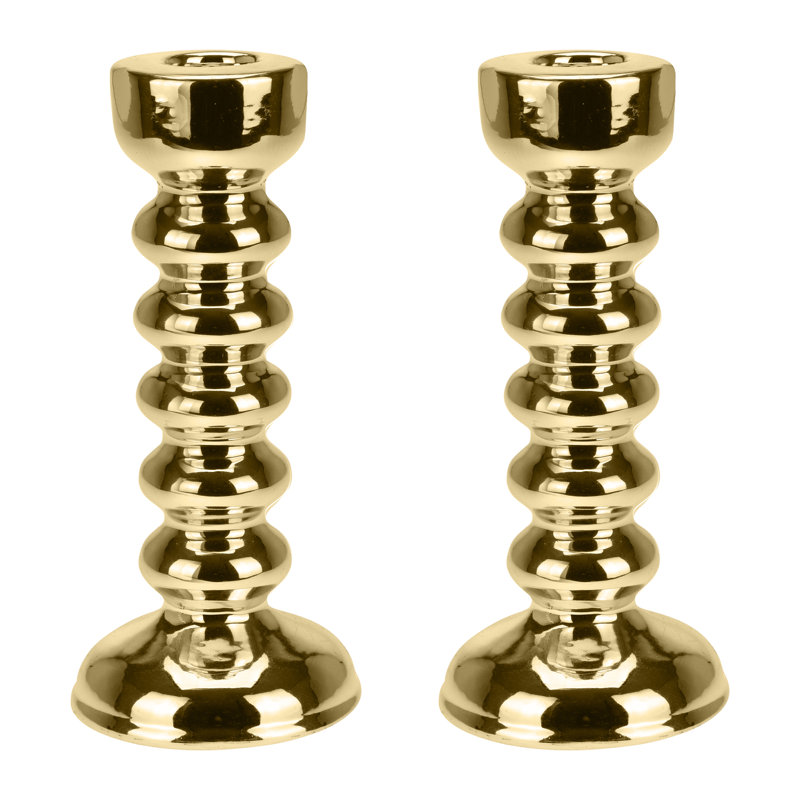 2 Piece Concrete / Cement Tabletop / Centrepiece Candlestick Set, 17cm H x 7.5cm W x 7.5cm D, Gold, Yes