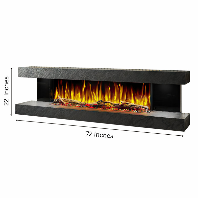 Vegas 72-Inch Wall Mounted Electric Fireplace | Venetian Stone | Fully Assembled | 3-Sided Panoramic Flame | Remote Control | Led Side Lights