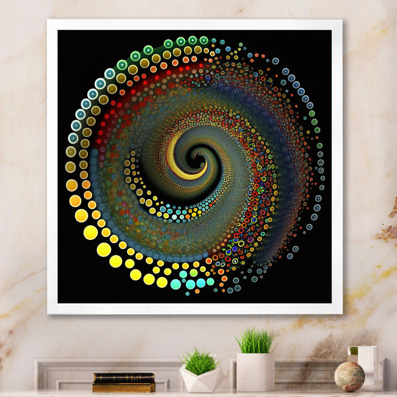 Iridiscdent pointillism spiral sur toile, Cadre simple blanc, H 36 po x l 36 po x P 1,5 po