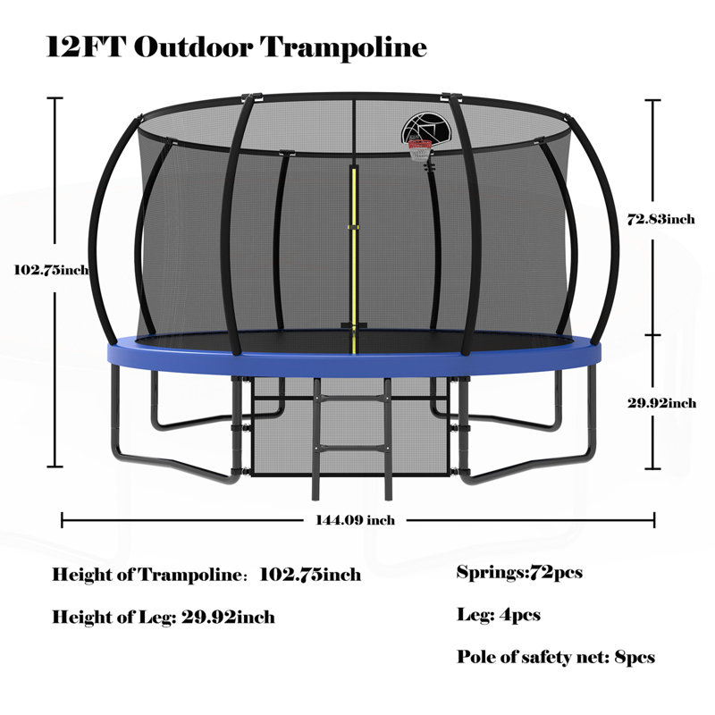 Trampoline récréatif extérieur avec caractéristiques de sécurité et matériaux durables pour enfants et adultes, Bleu