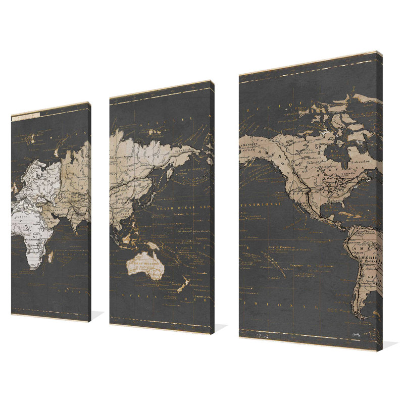 "Carte du monde en or et gris", ensemble de 3 impressions sur toile